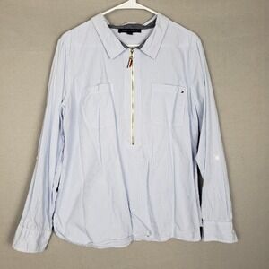 Tommy Hilfiger XL Half Zip Collared Blouse‎ Blue White Stripe Preppy Nautical